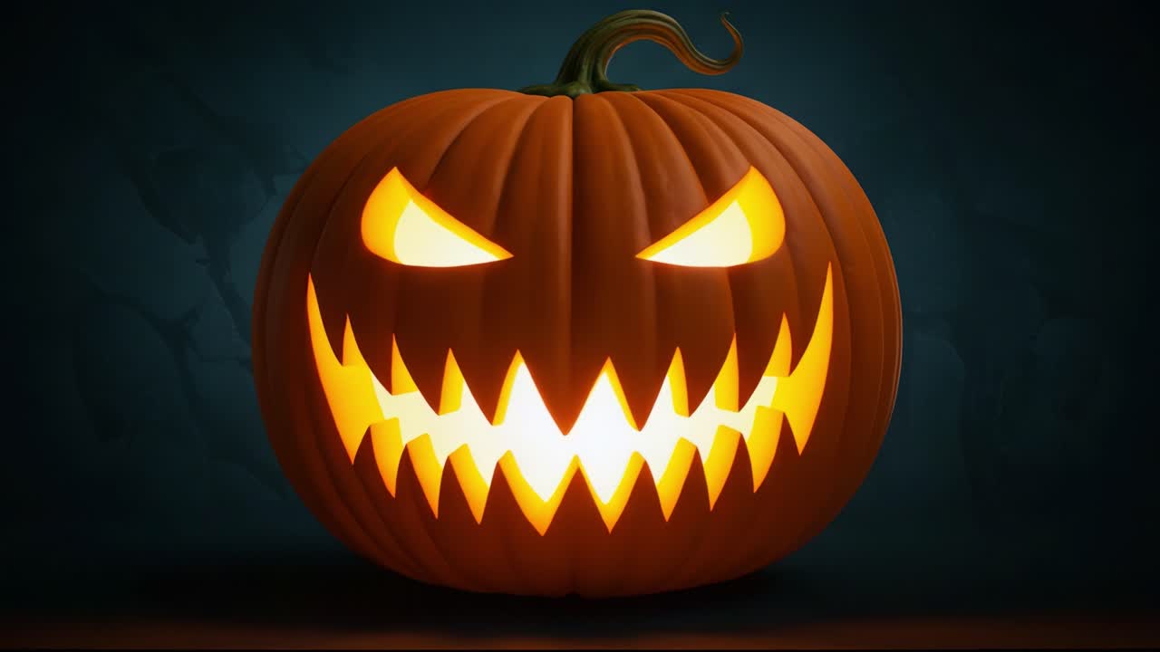 Spooky Halloween Pumpkin with Menacing Grin Illuminated in the Dark, Perfect for Celebrating the Festive Spirit of the Season and Setting the Atmosphere for Trick-or-Treating