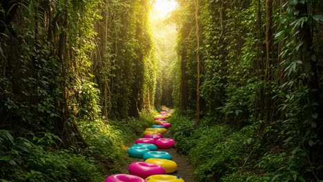 a vibrant pathway through lush greenery: floating inflatable tubes illuminate a sunlit jungle trail, creating a unique contrast of color and nature