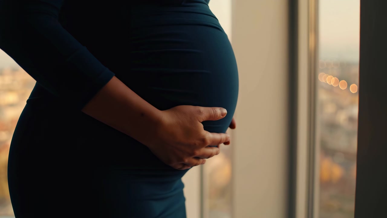 Hands slowly shift across a pregnant belly while person remains standing beside a bright window, with warm natural light, shallow background detail, and close side composition.