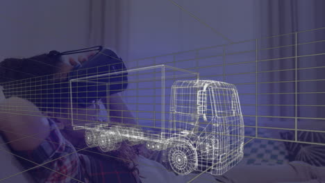 animación de dibujo técnico en 3d de un camión, sobre una mujer en casa con auriculares vr