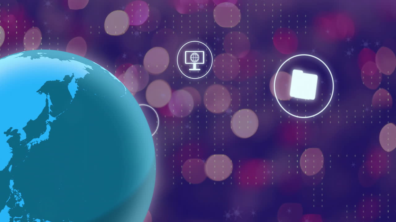 animación de un globo giratorio sobre iconos de medios y puntos de luz