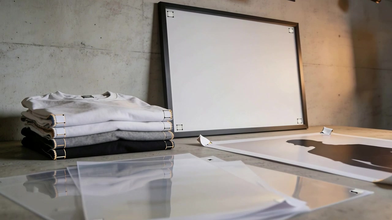 Moving camera ahead revealing folded shirts and acrylic on studio table for product shot