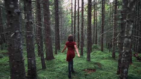 camera following a little girl in a red dress, running and jumping through a dense spruce forest