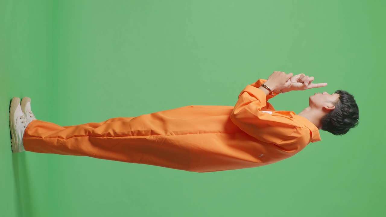 녹색 스크린 배경에 서서 shh 제스처를 하는 수갑에 인 아시아 남성 죄수의 전체 신체 측면 시각