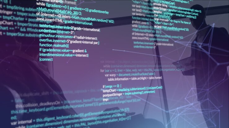 Animation of data processing over diverse business people using laptops