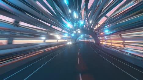 flying in a futuristic fiber optic tunnel with a road. future technologies concept. business background. pleasant natural lighting. seamless loop 3d render