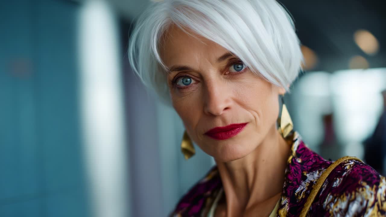 Eleganza e sicurezza di sé: una donna elegante con sorprendenti capelli argentati e un rossetto audace, ritratta in un ambiente urbano, che emana fascino e raffinatezza