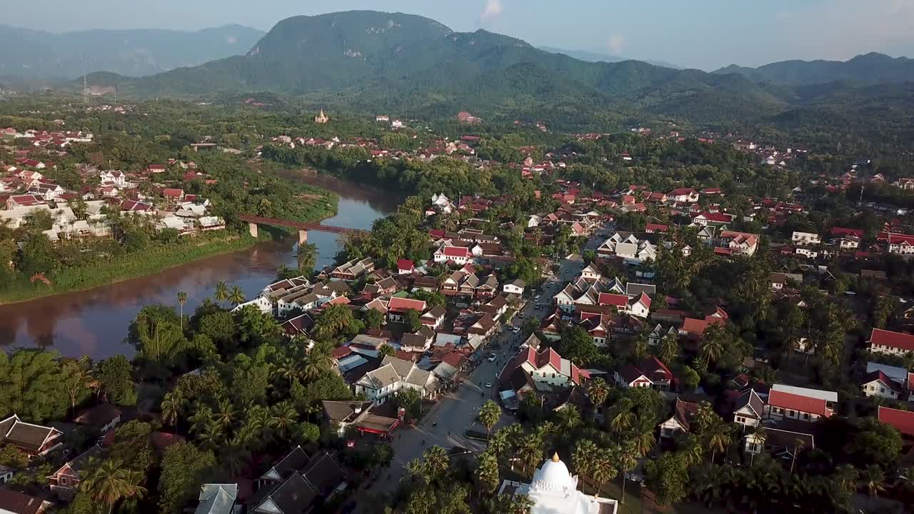Laos, Luang Prabang, Aerial View of Residental Valley of Ex Laotian Royal Capital