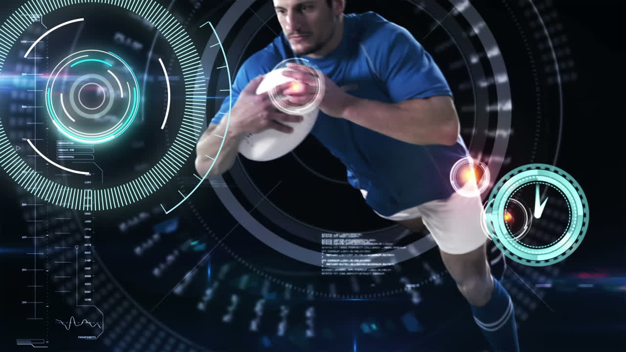 animación de un jugador de rugby con escaneo de alcance y procesamiento de datos
