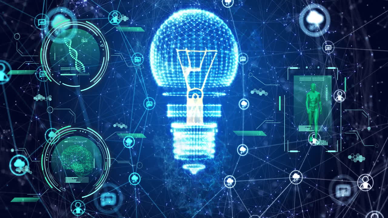 의료 스캐너와 아이콘의 애니메이션은 파란색으로 네트워크를 통해 전구를 가지고 있습니다.