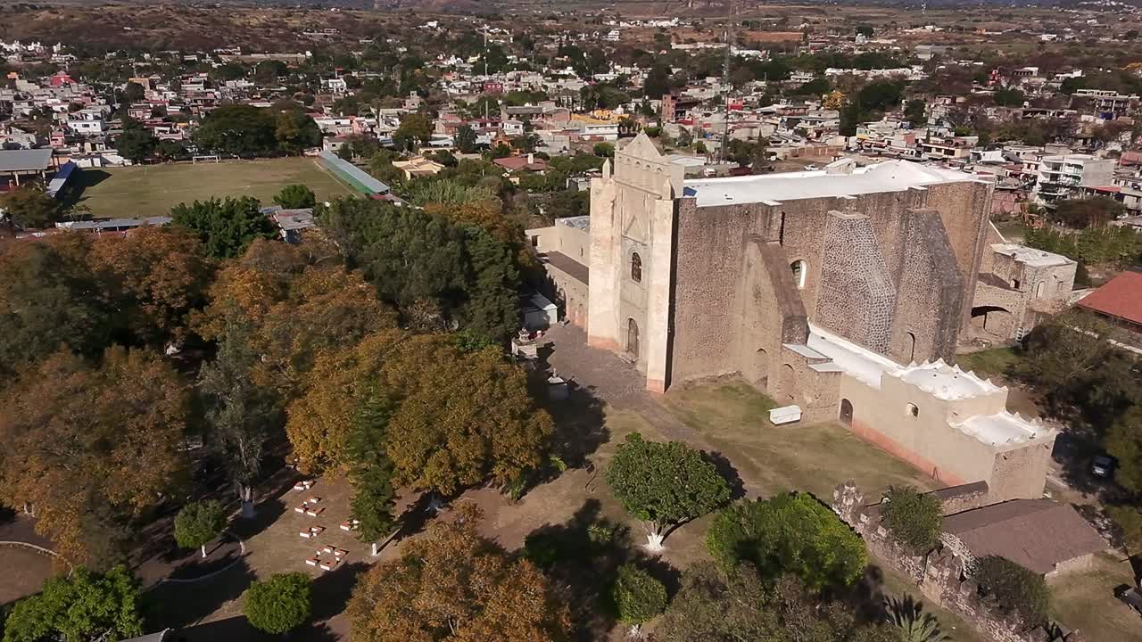 Aerial drone views of the church in Tlayacapan, Morelos