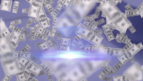 animation of dollar bills rising, with moving beam of light on grey background
