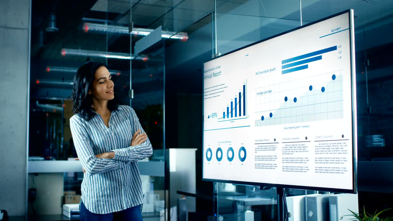 una hermosa mujer hispana analiza estadísticas, gráficos y pasteles con el crecimiento de la compañía mostrado en una televisión de pared.