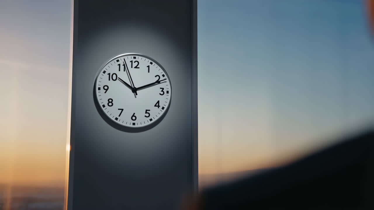 Person watches a wall clock during sunrise or sunset