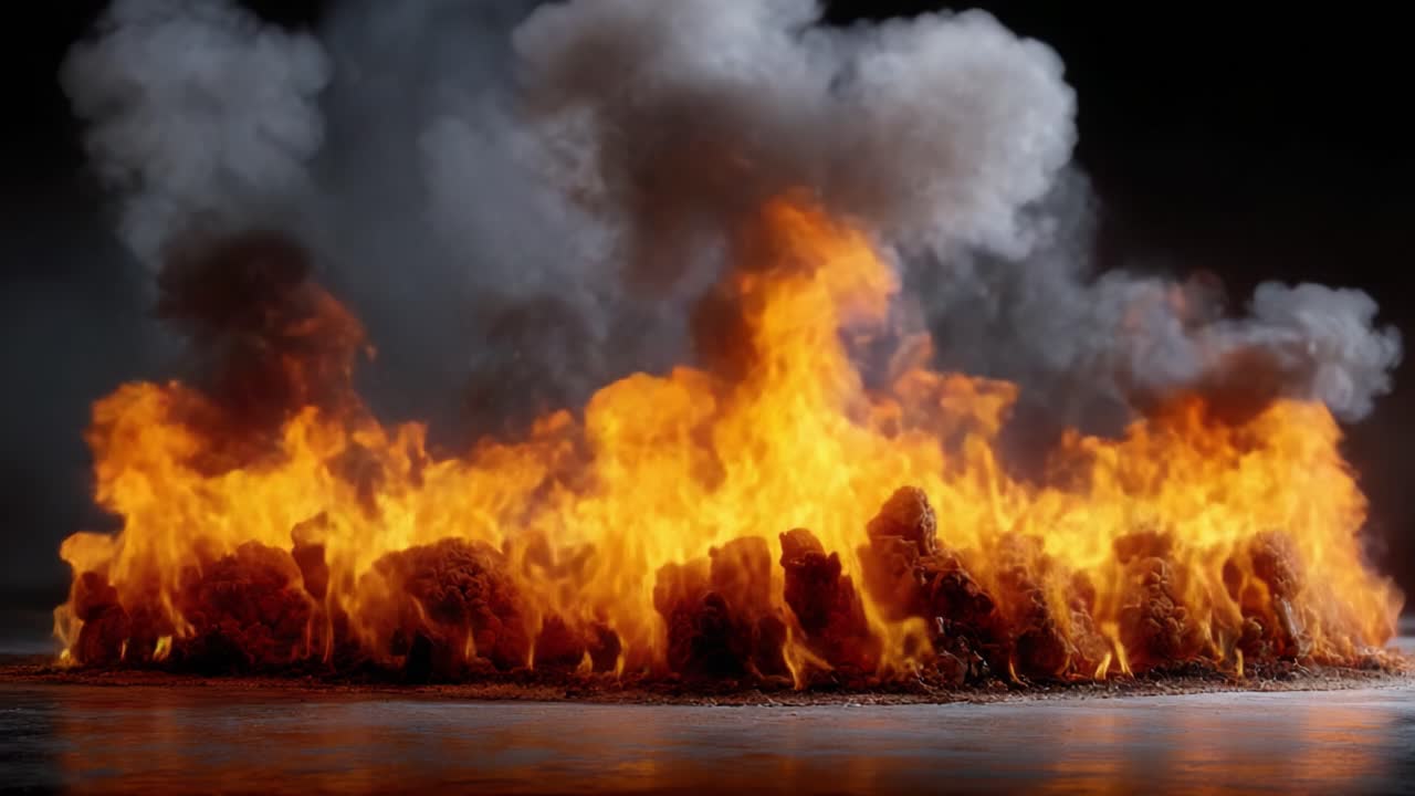Intense Flames Erupting from the Ground with Voluminous Smoke, Creating a Glaring Display of Fire and Heat, Radiating Brightness in an Ominous Environment
