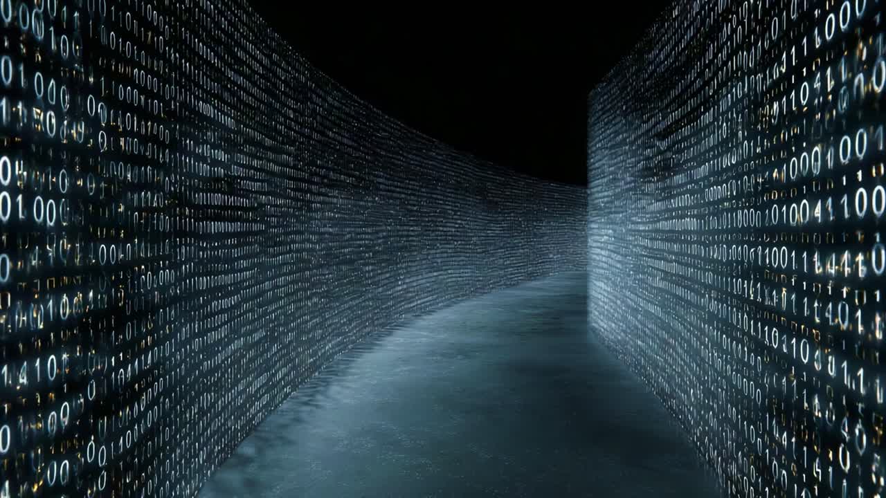 A Journey Through Digital Data: Exploring the Infinite Corridor of Binary Code Represented by 0s and 1s in a Dark, Futuristic Environment