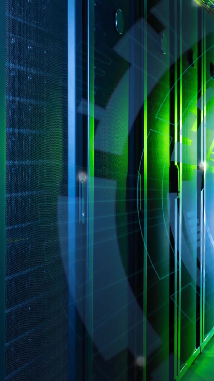 Animation of blue round scanner spinning against computer server room