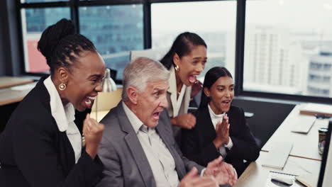 success, fist bump and business people on computer