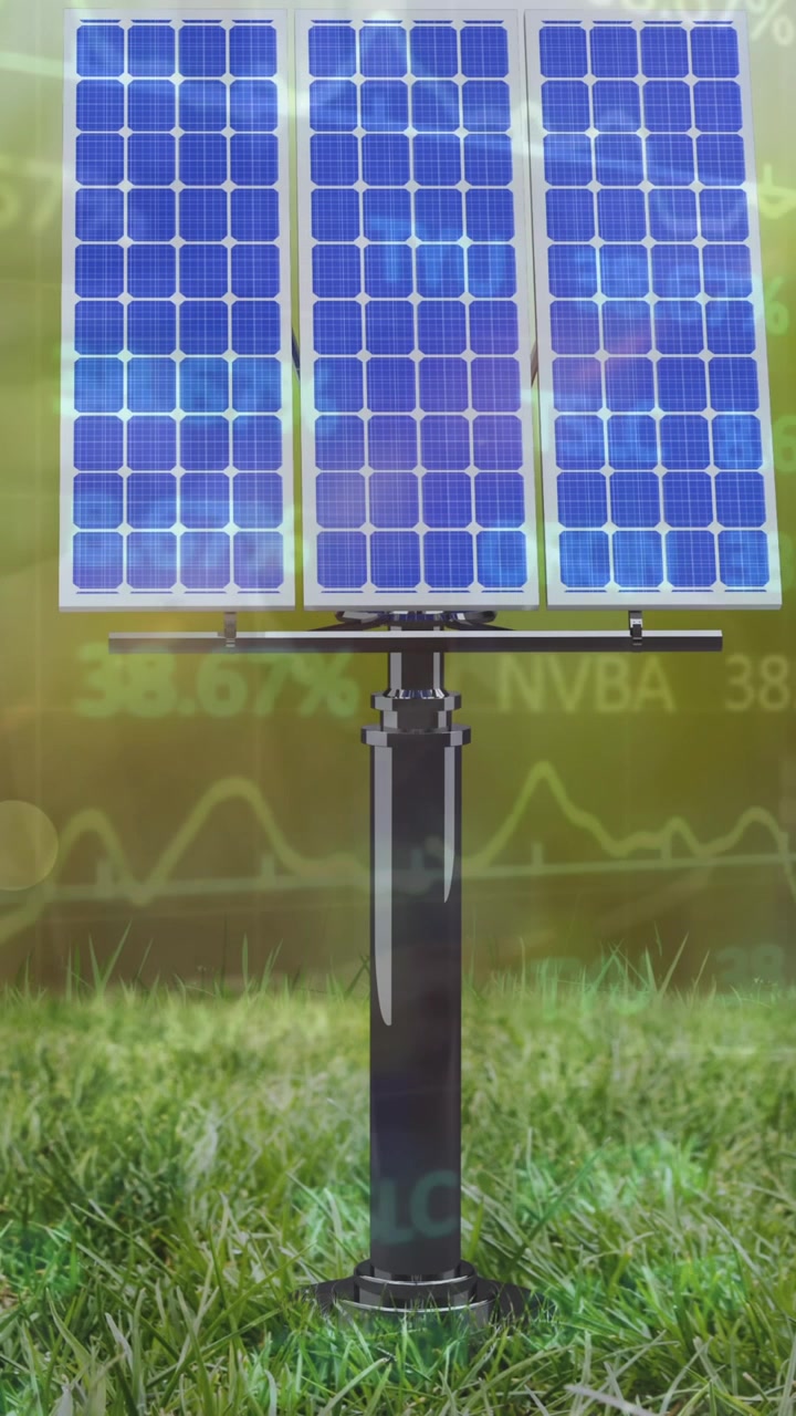 Animazione di elaborazione dati finanziari su pannello solare, erba e sfondo verde