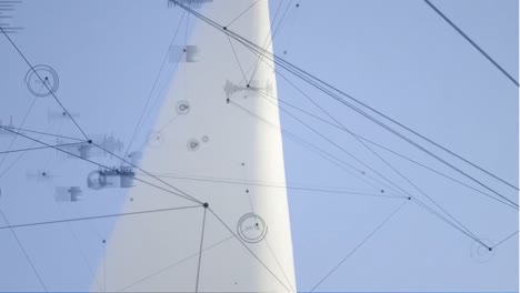 Animation-Eines-Netzwerks-Von-Verbindungen-Und-Datenverarbeitung-über-Einem-Männlichen-Architekten,-Der-Auf-Einer-Windmühle-Steht