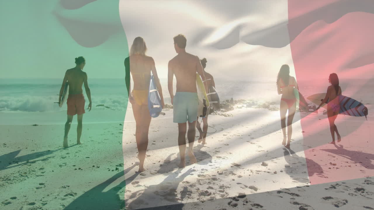 Group of surfers walking on sandy beach with colorful overlay animation