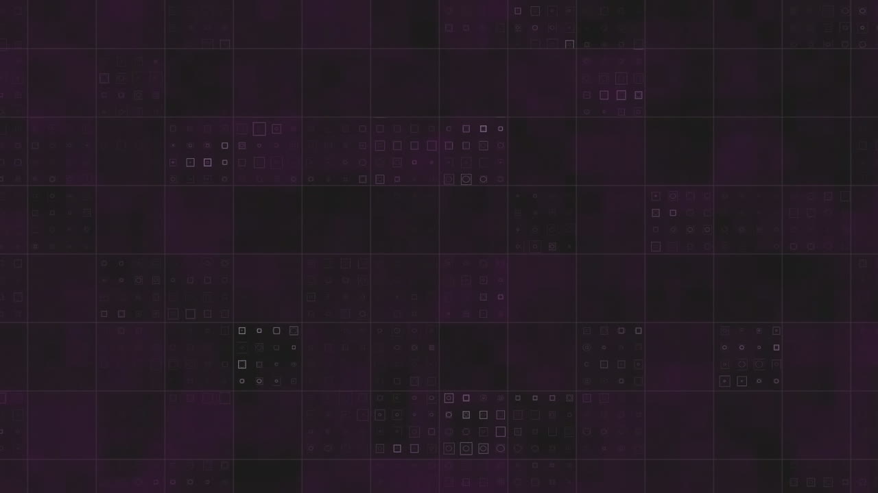 Animation of purple squares of computer processor integrated circuit board on black background.