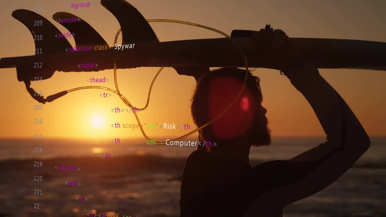 animación de código html sobre la silueta de una persona que lleva una tabla de surf al atardecer