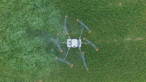 agriculture drone flying and spraying fertilizer on green farming land, aerial view from above