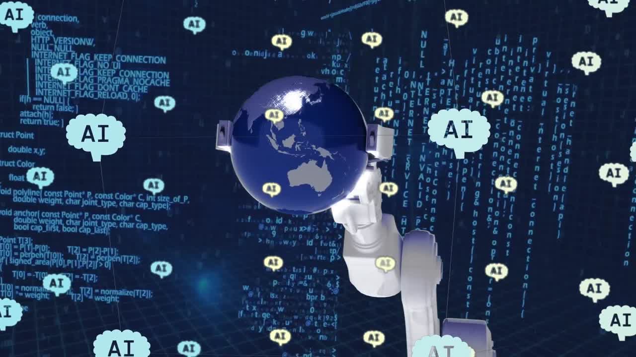 Animation of ai data processing over robot's arm and dark background