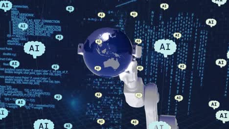 animation of ai data processing over robot's arm and dark background