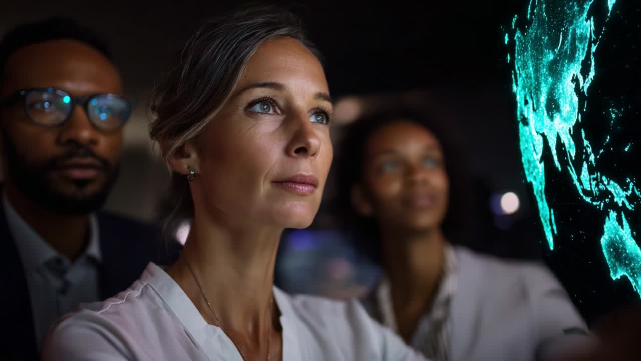 Group of Professionals Engaged in Critical Discussion and Viewing a Digital Projection of Global Data Insights While Analyzing Contemporary Trends and Patterns in Technology and Innovation