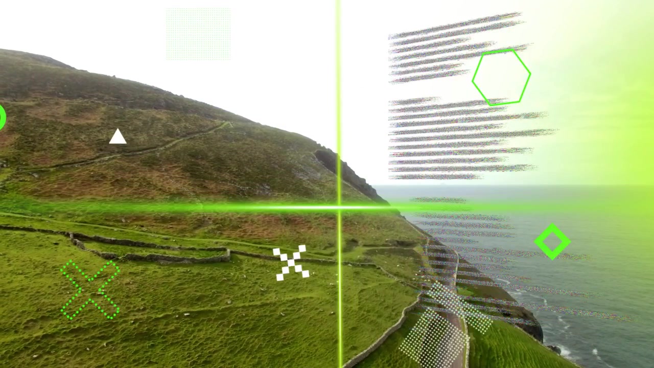 Grassy coastal hillside remaining steady while green overlays entering from right, showing HUD data