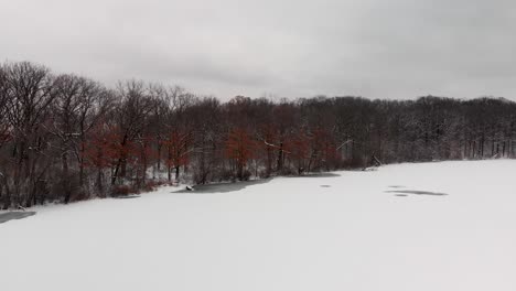 aerial drone pan shot frozen lake and snow covered in trees in forest 4k