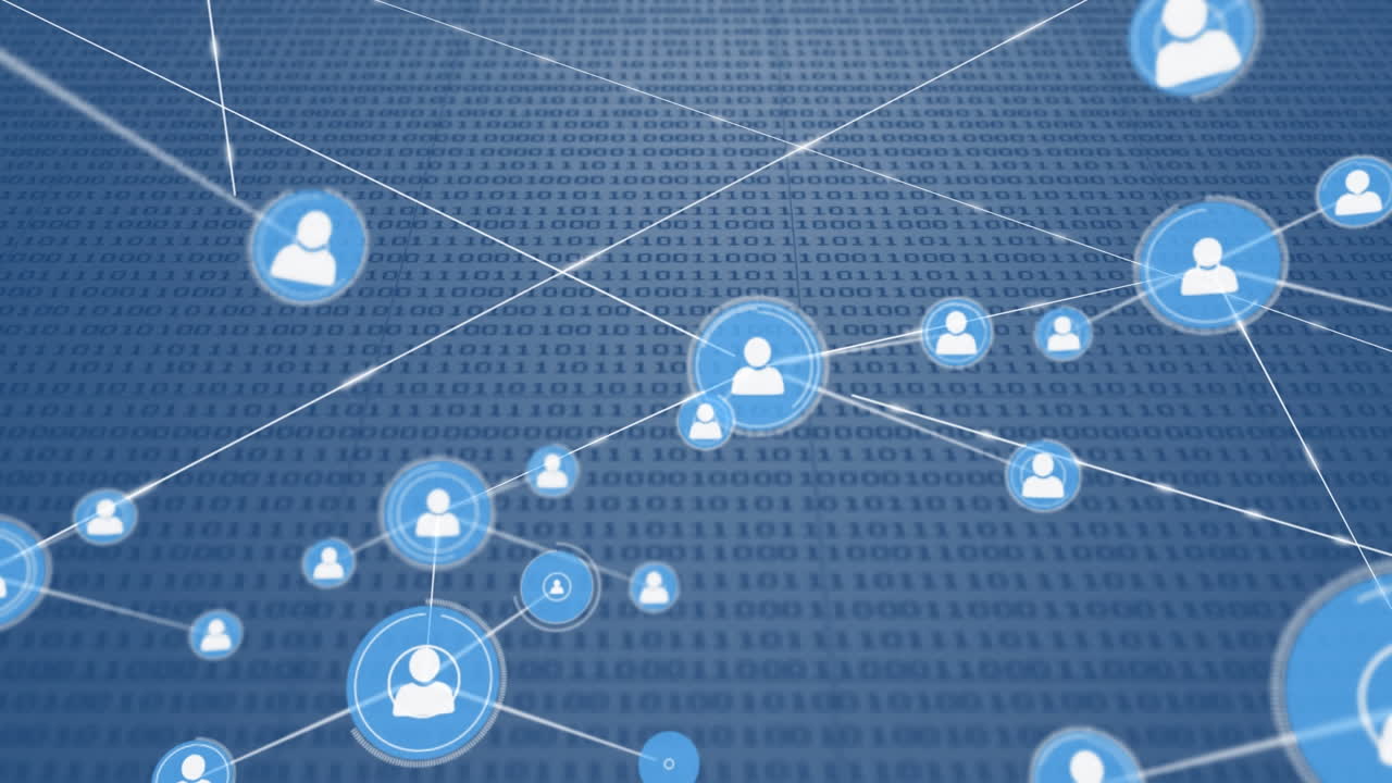 프로필 아이콘 네트워크의 애니메이션과 파란색 배경에 대한 바이너리 코딩 데이터 처리