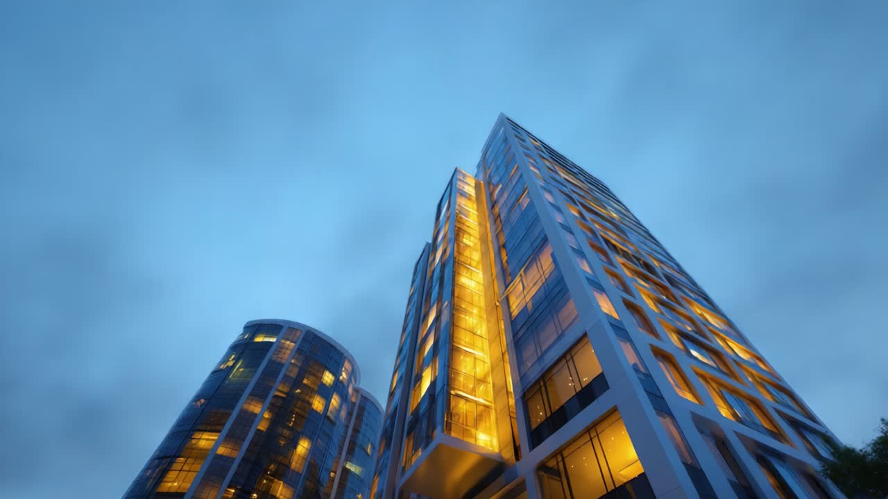 Impressionante paisagem urbana noturna com maravilhas arquitetônicas modernas sob um céu nublado dramático, destacando luzes brilhantes de edifícios altos