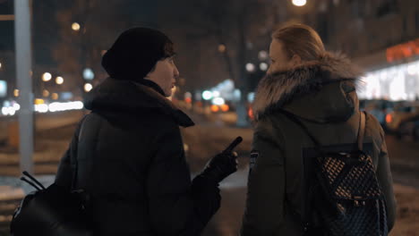 Zwei-Frauen-Unterhalten-Sich-Bei-Einem-Spaziergang-In-Der-Abendlichen-Winterstadt