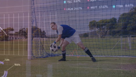 goalkeeper saving soccer ball with data processing animation over field background