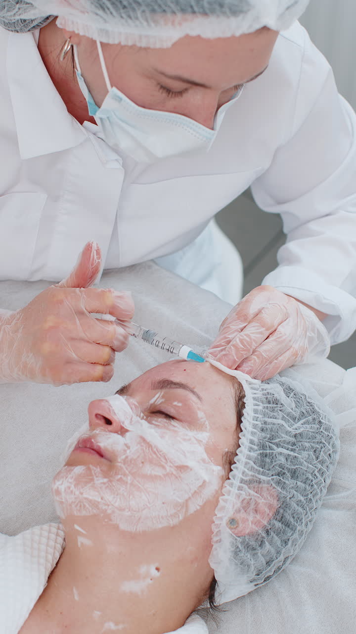 Cosmetologist making woman beauty antiaging injections biorevitalization face forehead mesotherapy
