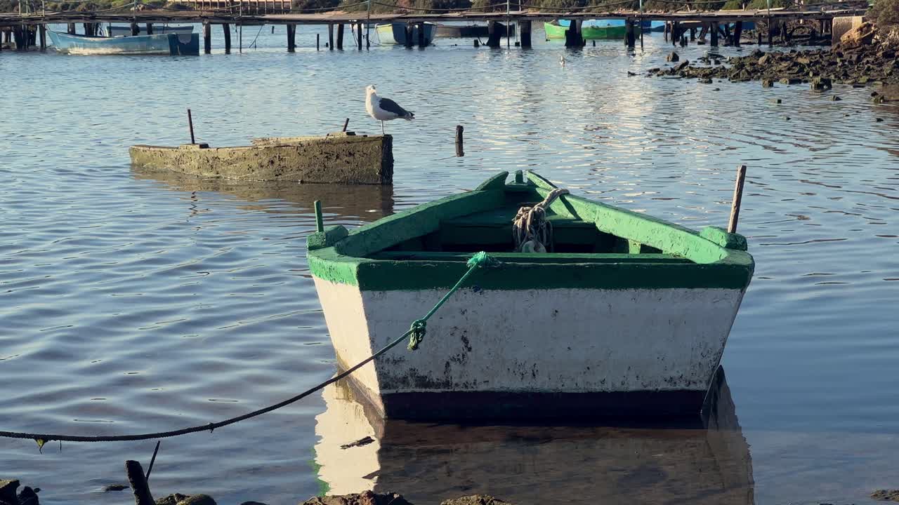 una escena costera pacífica con una gaviota solitaria de pie en lo alto de un viejo barco de pesca