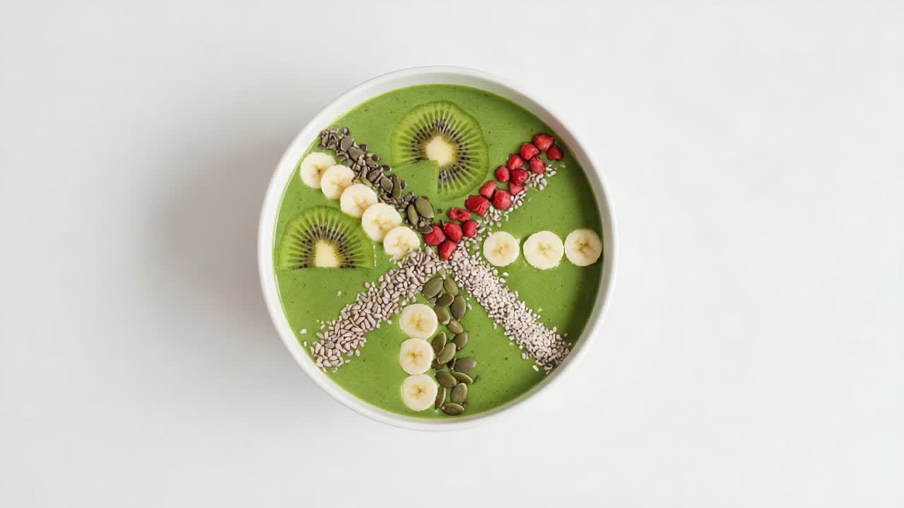 A Vibrant Green Smoothie Bowl Artfully Decorated with Fresh Fruits, Seeds, and Nuts, Showcasing a Healthy and Nutrient-Dense Breakfast Option for Wellness Enthusiasts