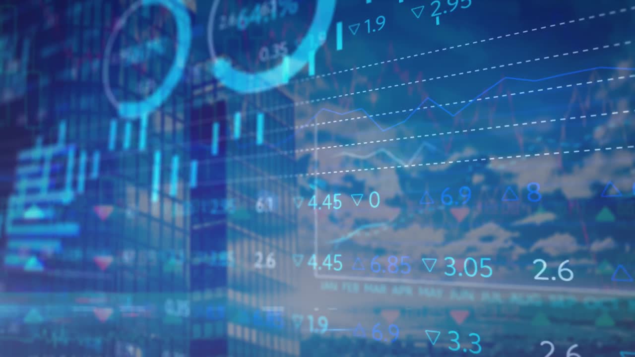 animación del procesamiento de datos sobre un edificio moderno