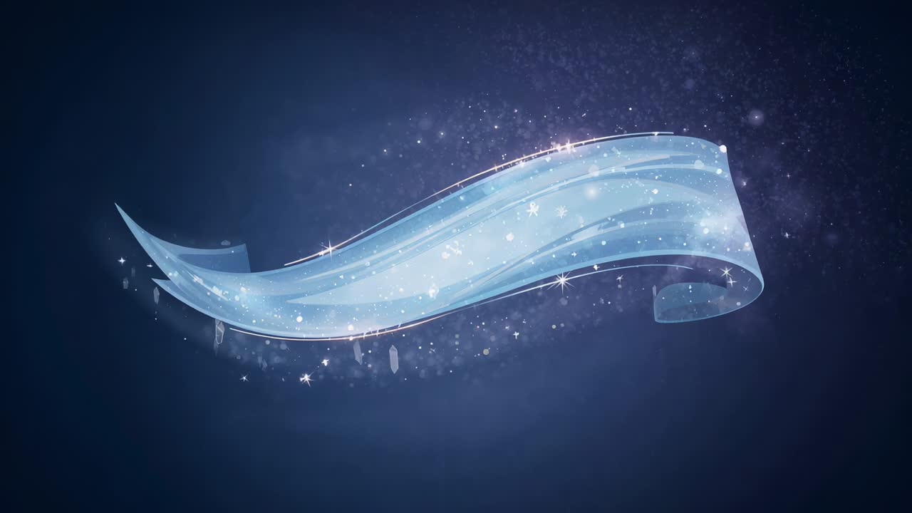 Gliding icy-blue ribbon, glow rising, curving right on navy stage, forming icicles, mist, sparkles