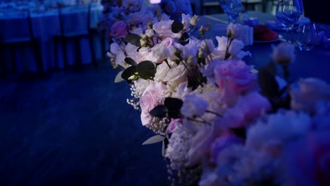 Flower-decorations-on-wedding-ceremony,-soft-light-on-flowers