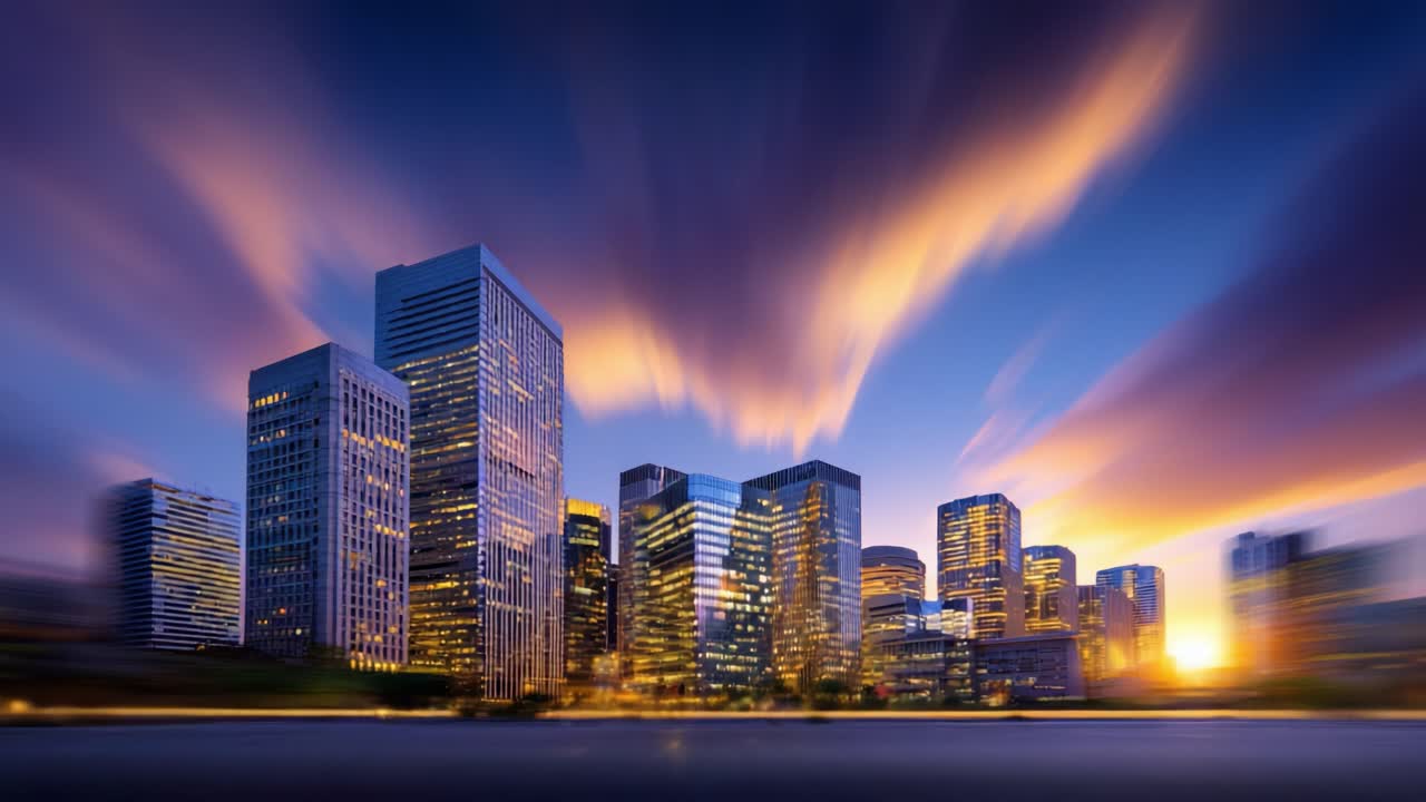 Urban skyline at twilight with dramatic cloud formations and vibrant colors illuminating modern buildings, showcasing the beauty of city life and architecture