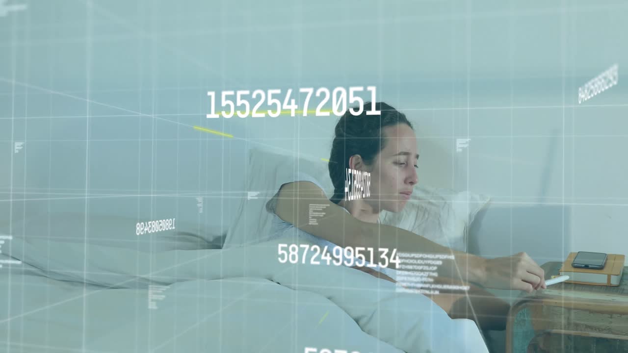 Digital composition of multiple changing numbers floating against caucasian sick woman coughing in b