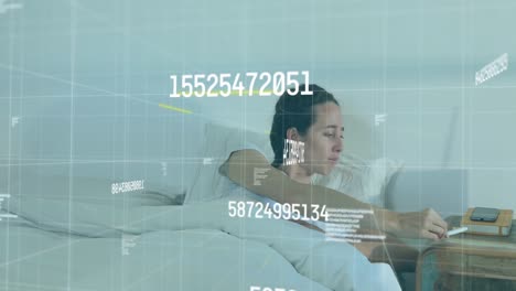 digital composition of multiple changing numbers floating against caucasian sick woman coughing in b