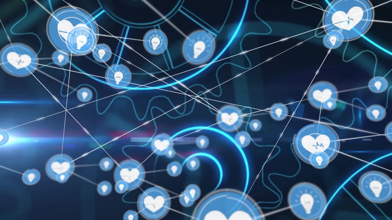 Central heart node pulsing and sending lines, nodes spawning and linking to show health network
