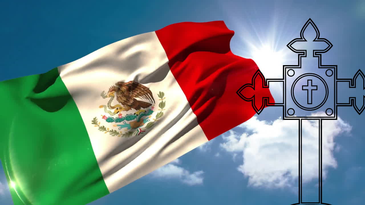 Waving Mexican flag with church symbol animation against bright blue sky