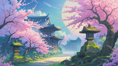 serene japanese temple under a moonlit sky with cherry blossoms