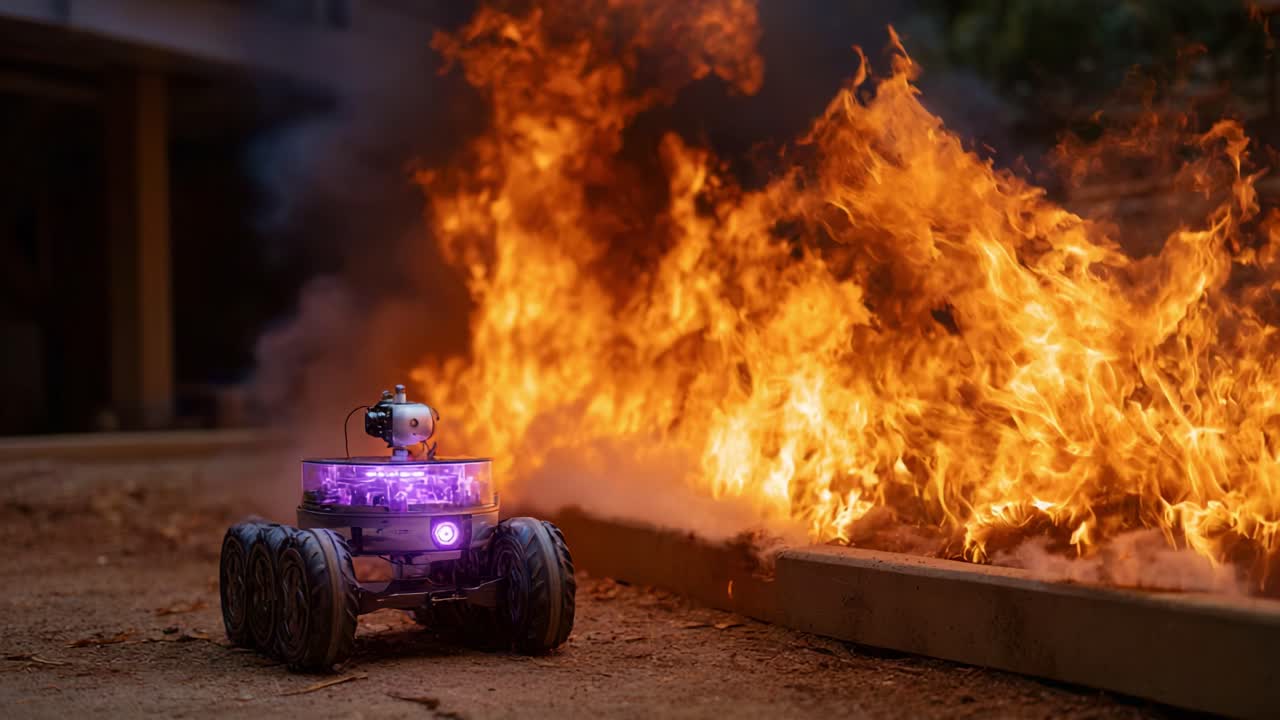 En robotnavigerer gjennom et dramatisk brennende landskap, og viser avansert teknologi midt i intense flammer og røyk i en fengslende scene